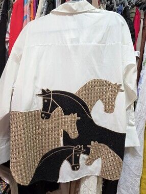 Beautiful OS Embroidered Horse Panel White Button-Up Shirt - Gold & Black